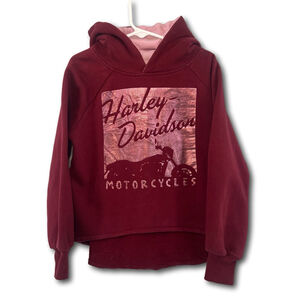 Harley Davidson Girls Hoodie Burgundy Size 7/8 Metallic Graphic Cut Hem